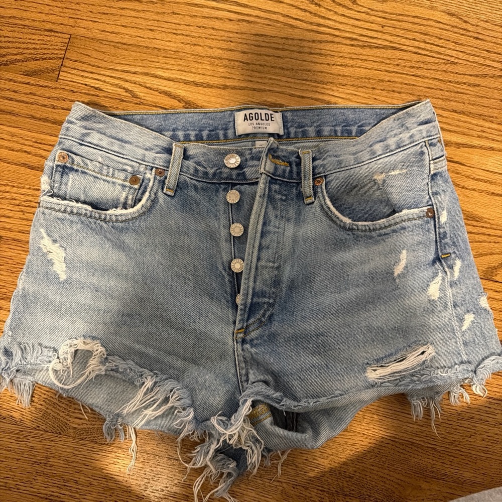 AGOLDE Light Blue Distressed Denim Shorts